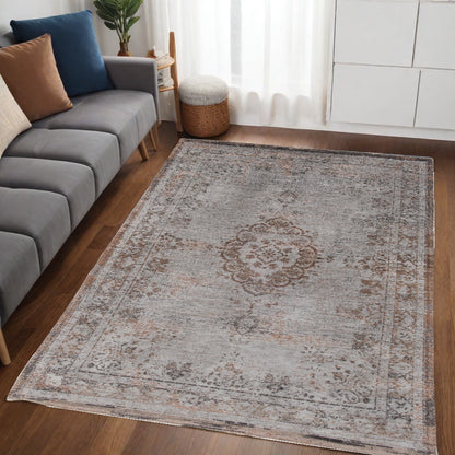 5' X 7' Gray and Beige Medallion Non Skid Area Rug