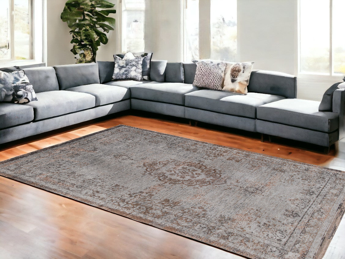 6' X 8' Gray and Beige Medallion Non Skid Area Rug