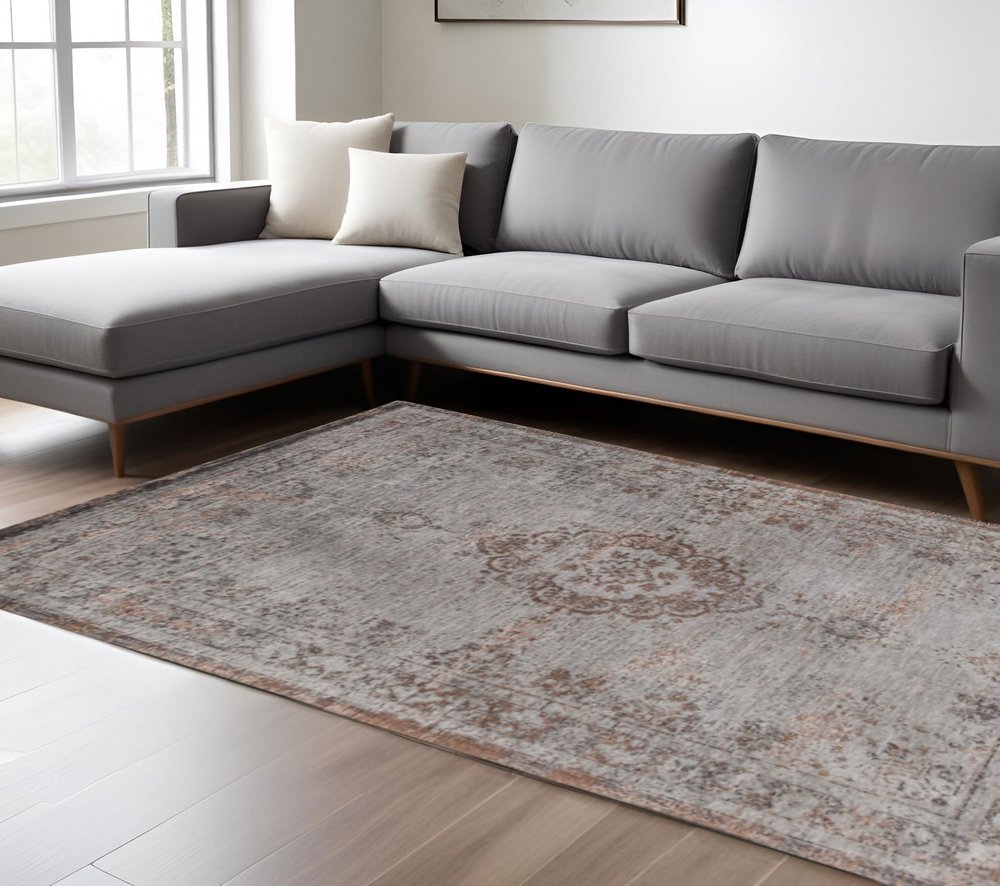 8' X 11' Gray and Beige Medallion Non Skid Area Rug