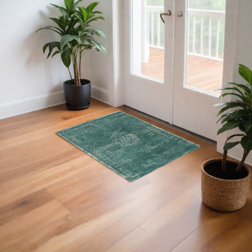 3' X 5' Gray and Green Medallion Non Skid Area Rug