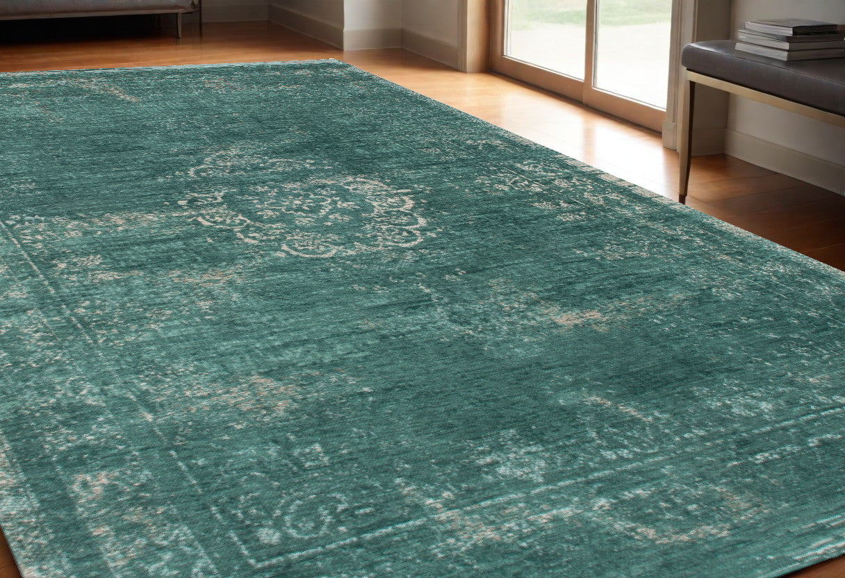 5' X 7' Gray and Green Medallion Non Skid Area Rug