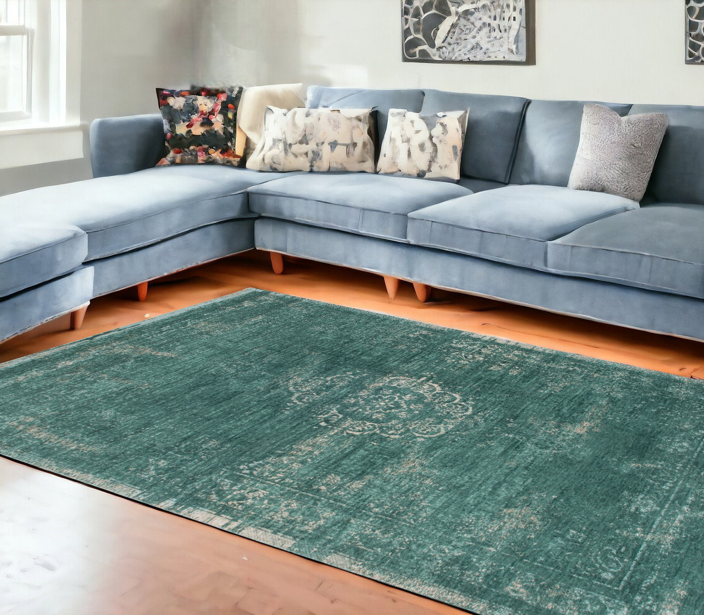 6' X 8' Gray and Green Medallion Non Skid Area Rug