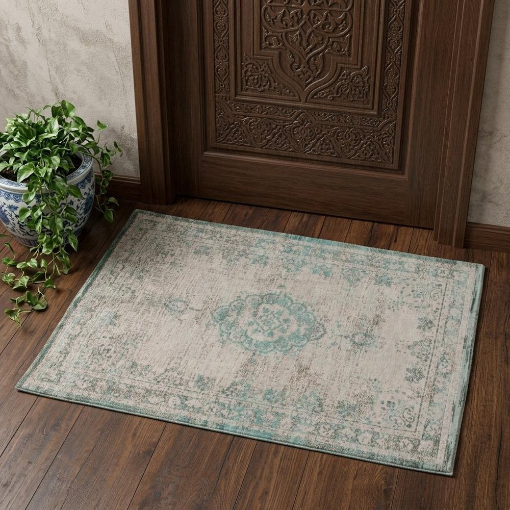 3' X 5' Gray and Green Medallion Non Skid Area Rug