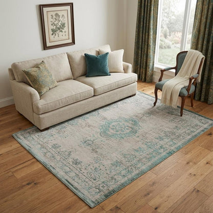 5' X 7' Gray and Green Medallion Non Skid Area Rug