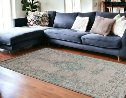 6' X 8' Gray and Green Medallion Non Skid Area Rug