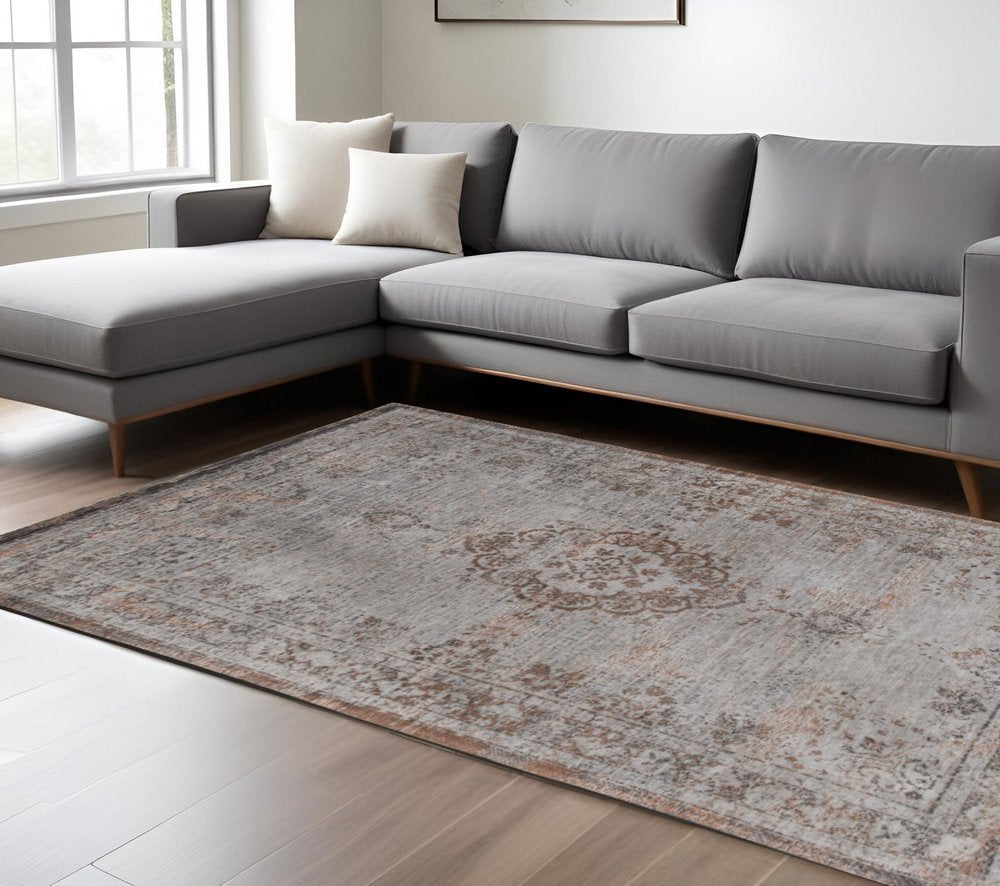 7' X 9' Gray and Green Medallion Non Skid Area Rug