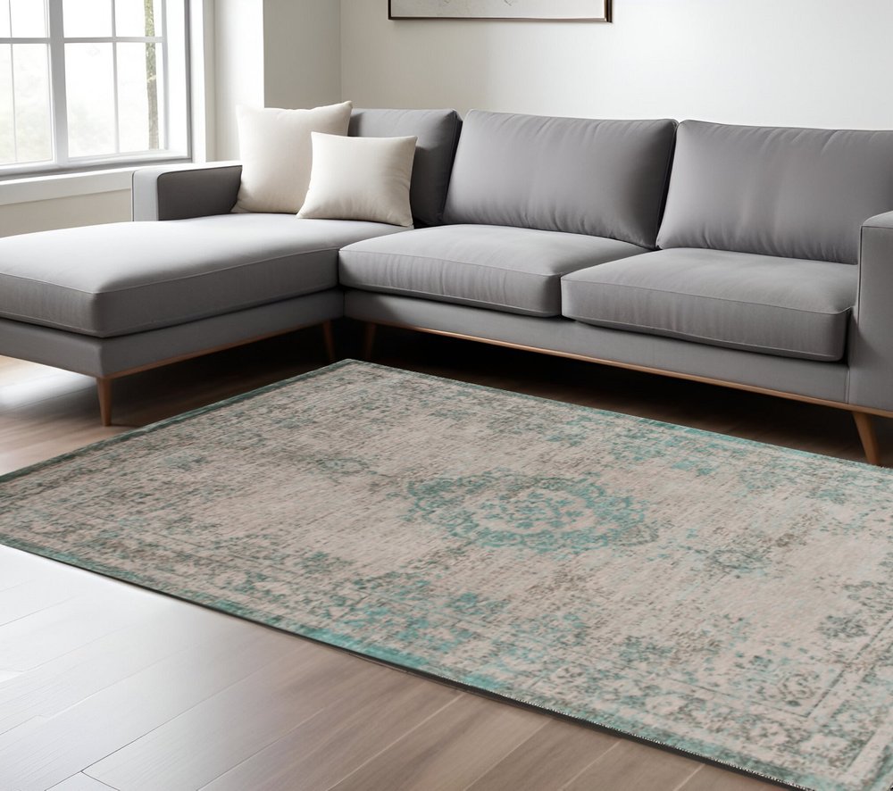 8' X 11' Gray and Green Medallion Non Skid Area Rug
