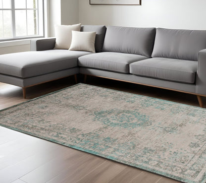 8' X 11' Gray and Green Medallion Non Skid Area Rug