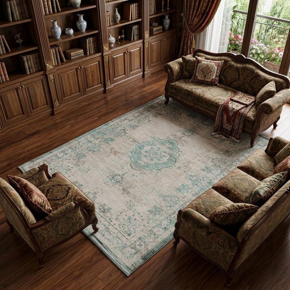 9' X 13' Gray and Green Medallion Non Skid Area Rug