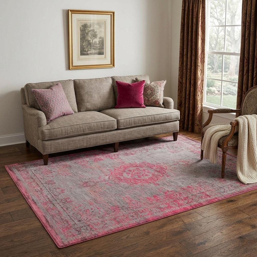5' X 7' Gray and Pink Medallion Non Skid Area Rug