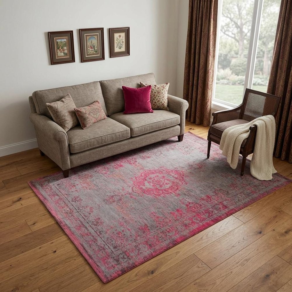 6' X 8' Gray and Pink Medallion Non Skid Area Rug