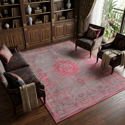 7' X 9' Gray and Pink Medallion Non Skid Area Rug