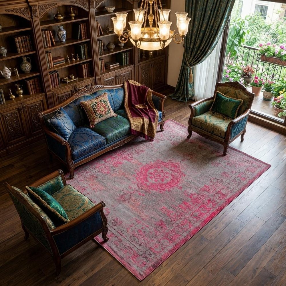 9' X 13' Gray and Pink Medallion Non Skid Area Rug