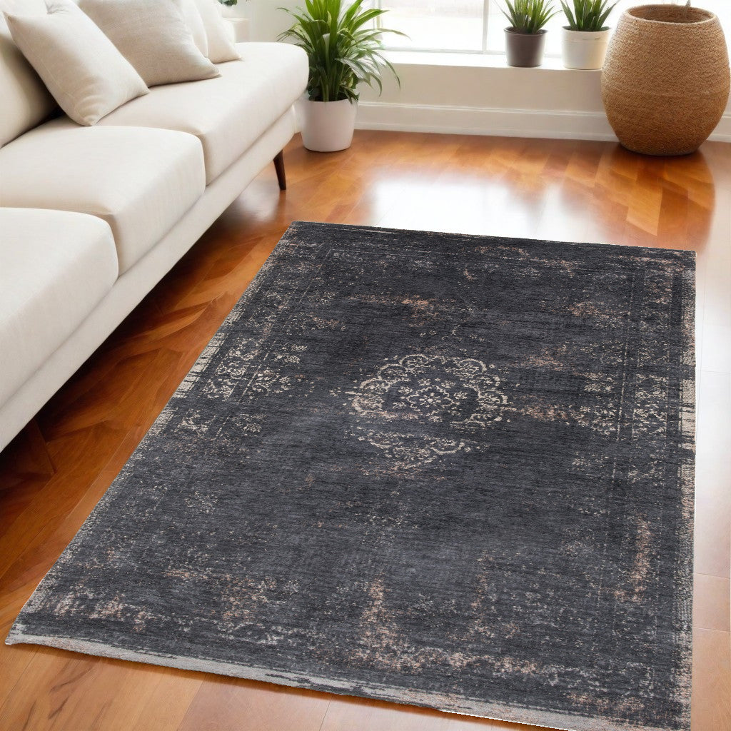 5' X 7' Gray and Black Medallion Non Skid Area Rug