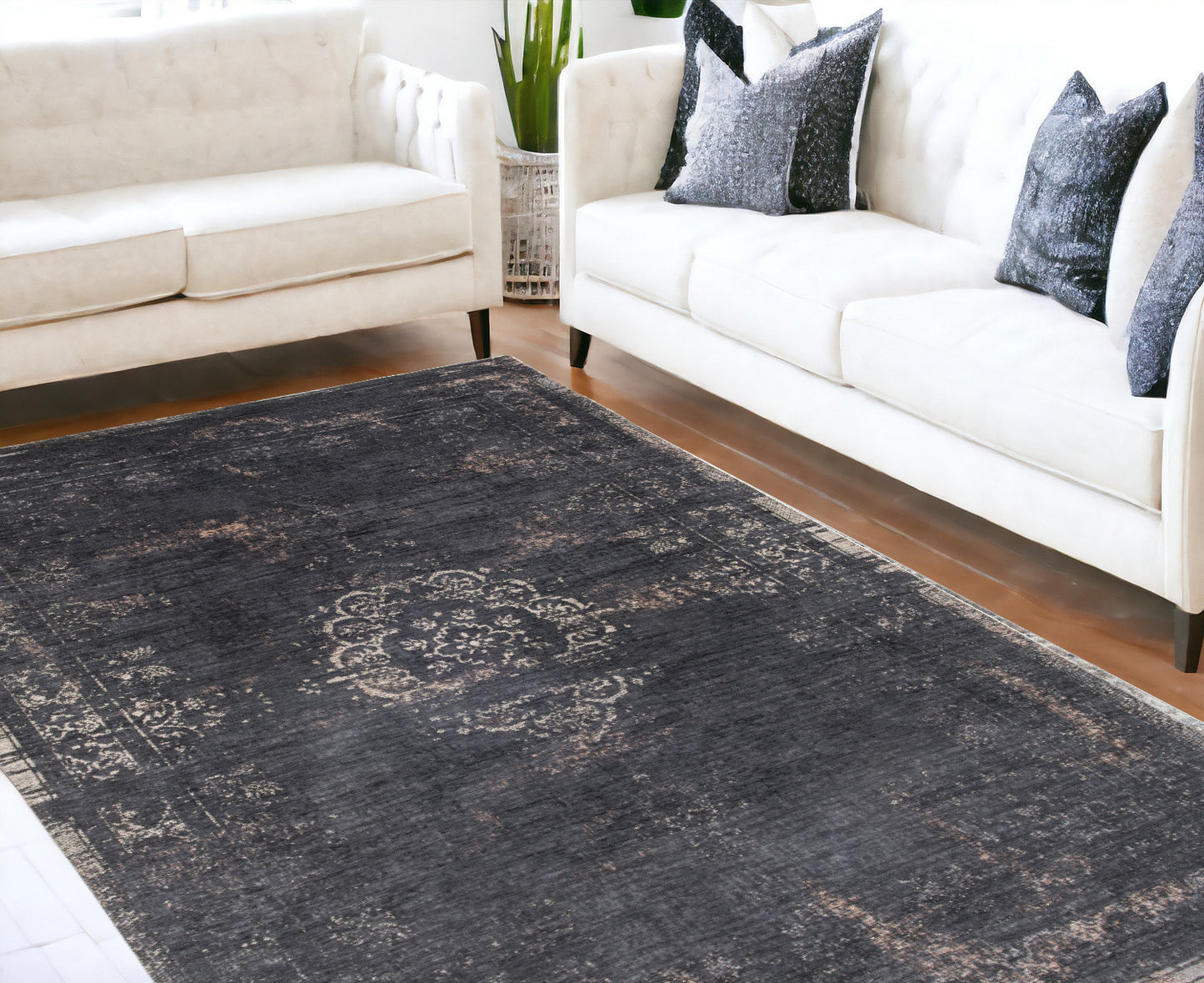 6' X 8' Gray and Black Medallion Non Skid Area Rug