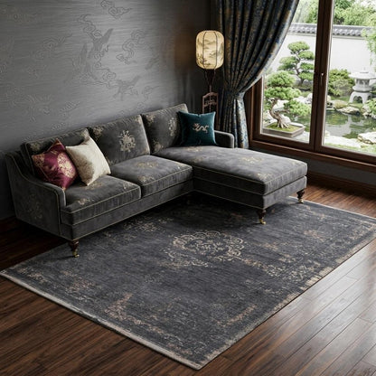 7' X 9' Gray and Black Medallion Non Skid Area Rug