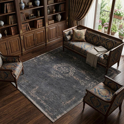 8' X 11' Gray and Black Medallion Non Skid Area Rug
