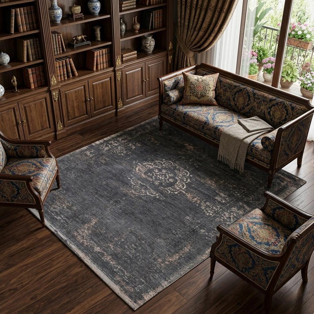 8' X 11' Gray and Black Medallion Non Skid Area Rug
