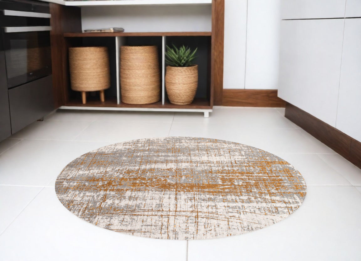 5' Gray and Gold Round Abstract Non Skid Area Rug