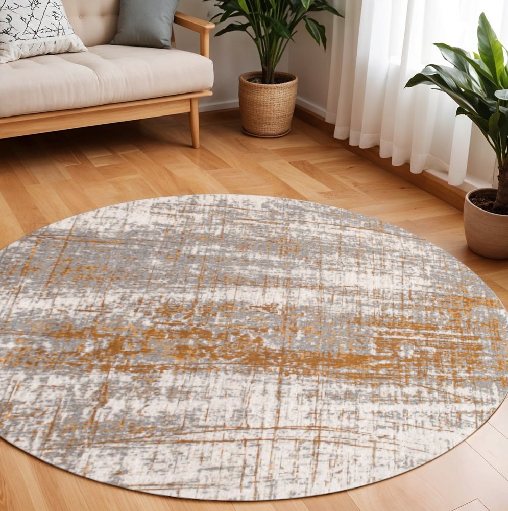 8' Gray and Gold Round Abstract Non Skid Area Rug