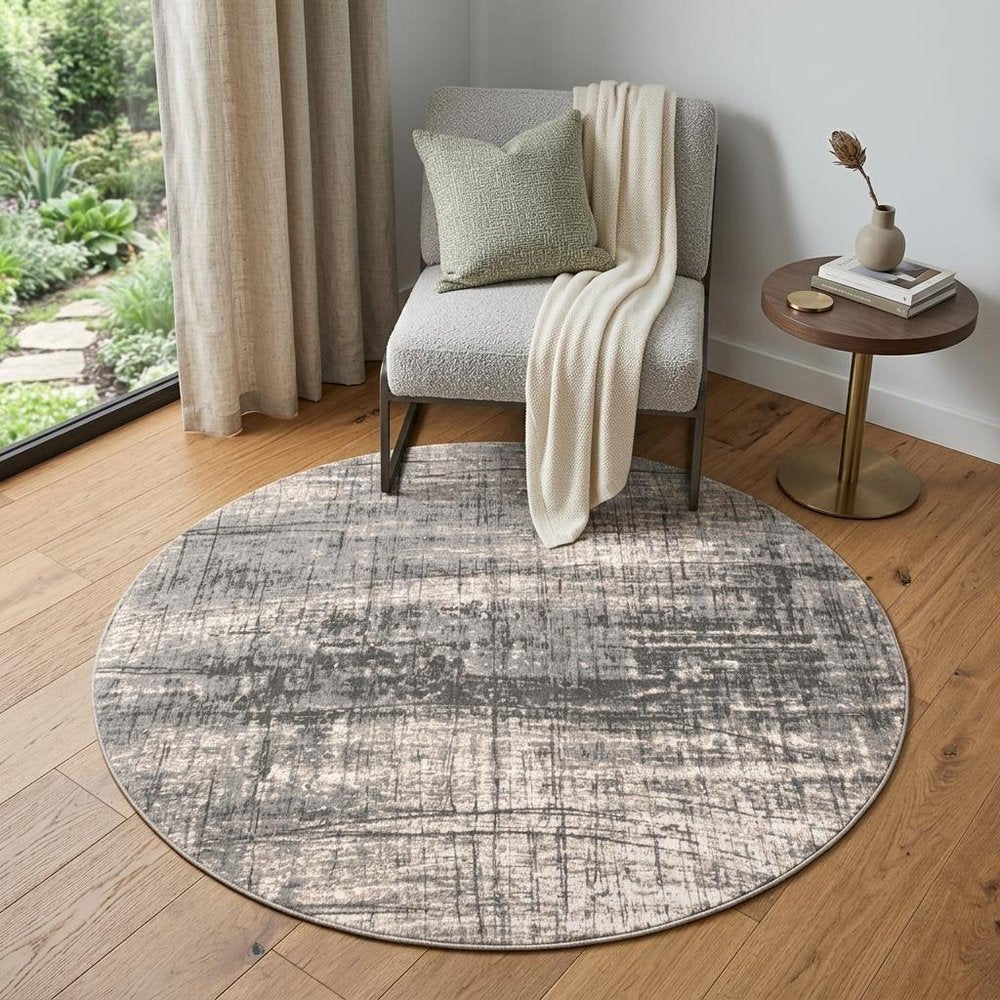 5' Gray and White Round Abstract Non Skid Area Rug