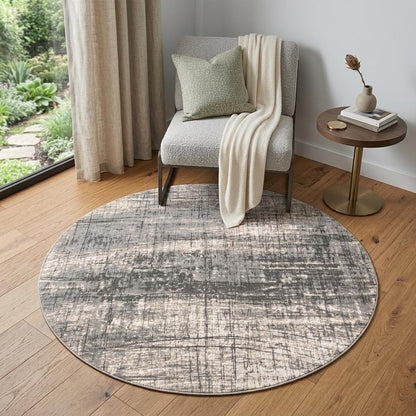 5' Gray and White Round Abstract Non Skid Area Rug