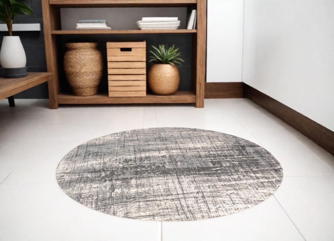 5' Gray and White Round Abstract Non Skid Area Rug