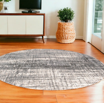 8' Gray and White Round Abstract Non Skid Area Rug