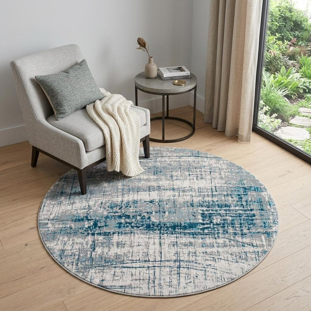 5' Blue and Gray Round Abstract Non Skid Area Rug