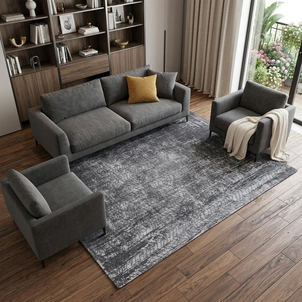 9' X 13' Black and Gray Chevron Non Skid Area Rug