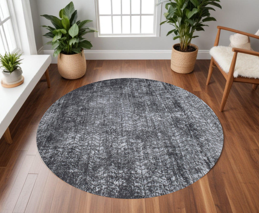 8' Black and Gray Round Chevron Non Skid Area Rug