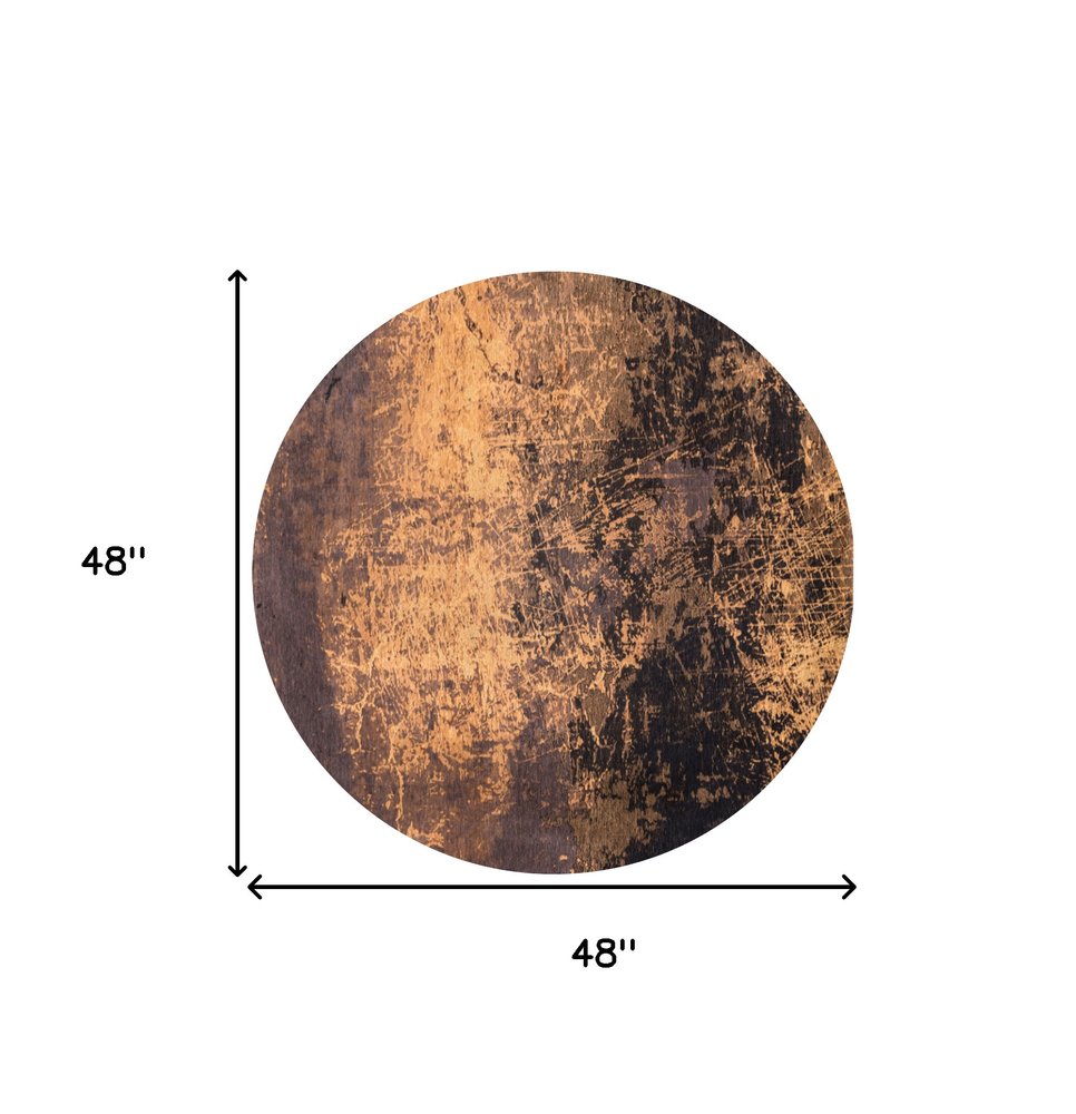 5' Yellow and Brown Round Abstract Non Skid Area Rug
