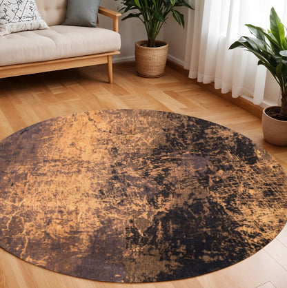 8' Yellow and Brown Round Abstract Non Skid Area Rug