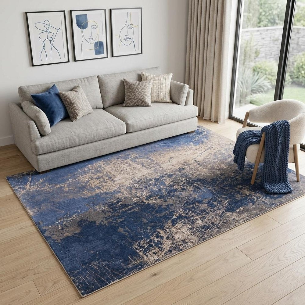5' X 7' Blue and Gray Abstract Non Skid Area Rug