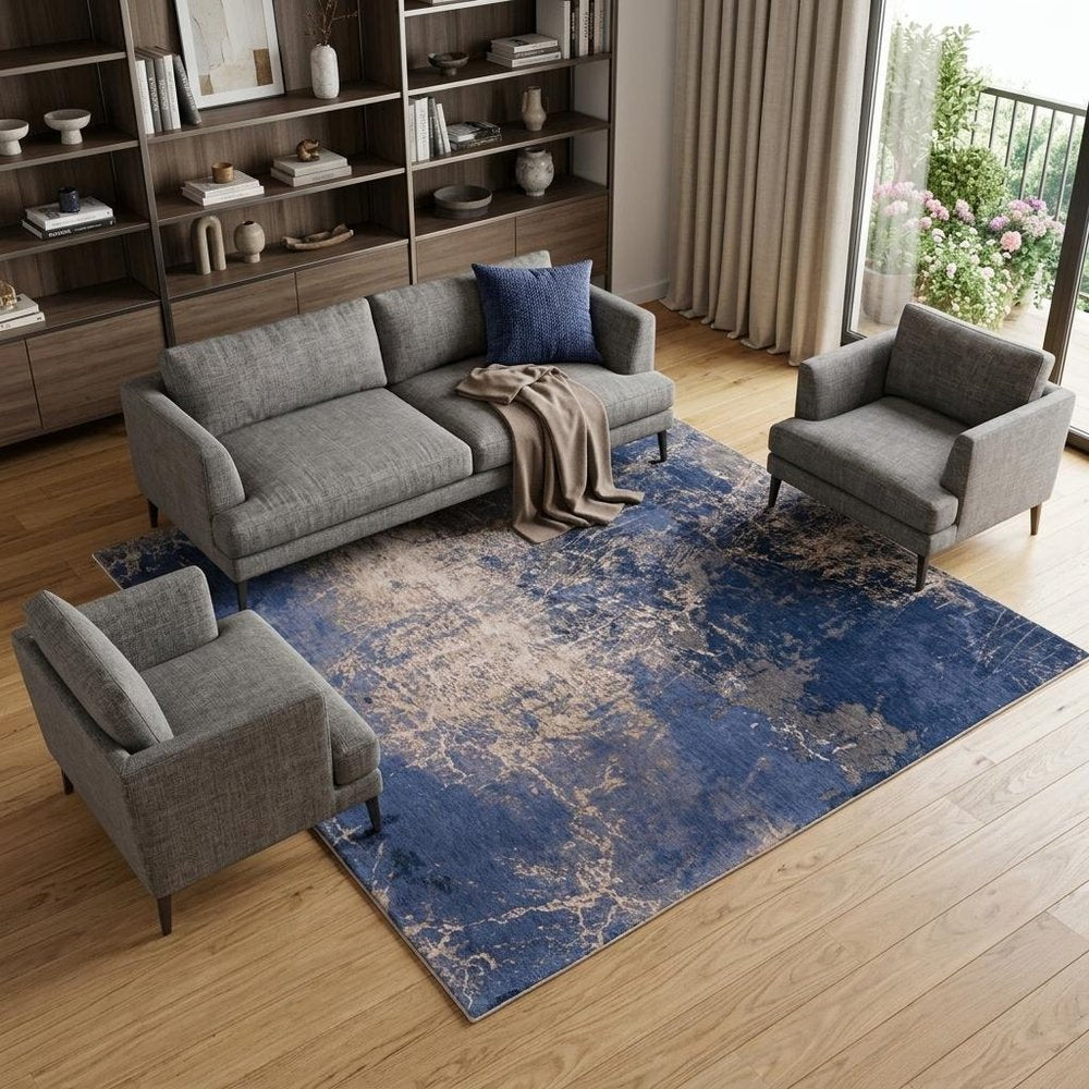 7' X 9' Blue and Gray Abstract Non Skid Area Rug