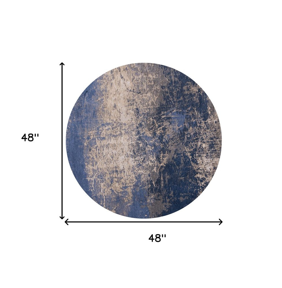 5' Blue and Gray Round Abstract Non Skid Area Rug