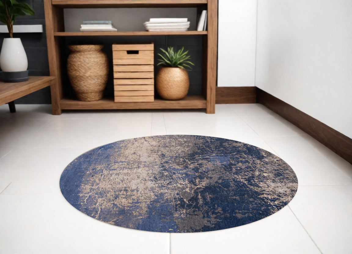 5' Blue and Gray Round Abstract Non Skid Area Rug