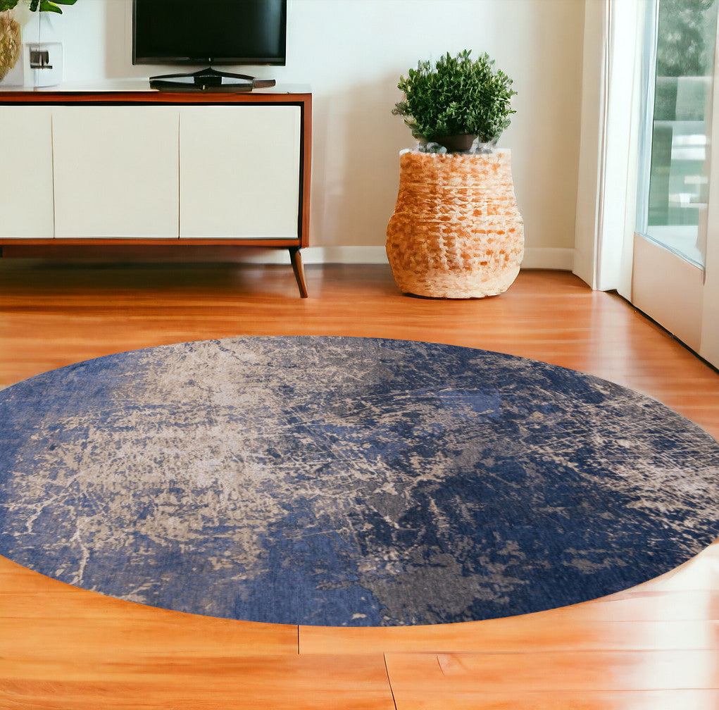 8' Blue and Gray Round Abstract Non Skid Area Rug