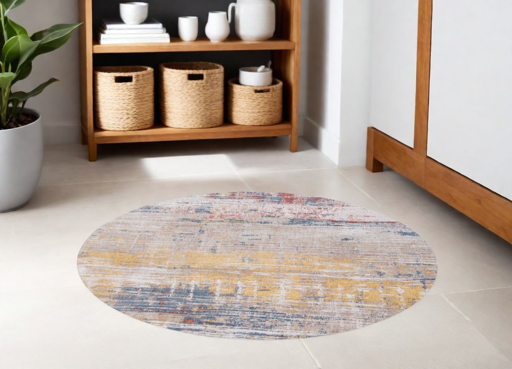 5' White Round Abstract Non Skid Area Rug