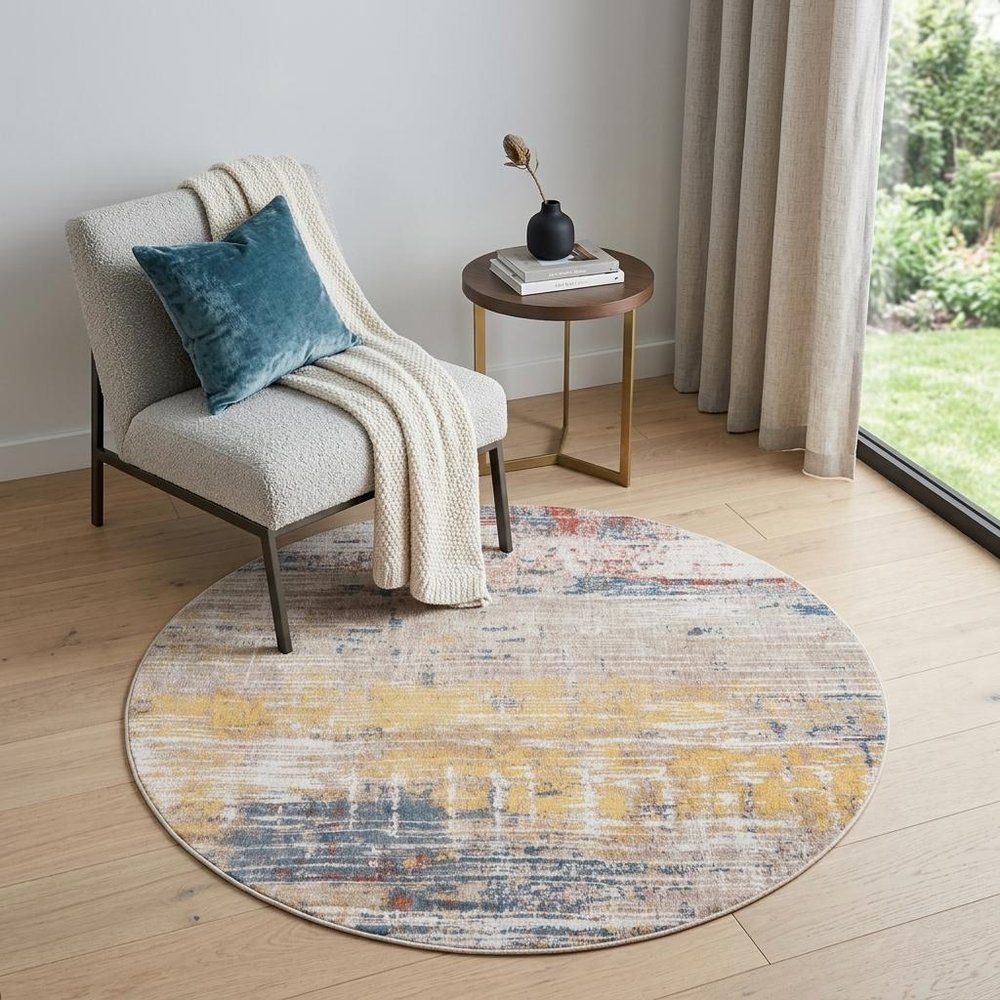 5' White Round Abstract Non Skid Area Rug