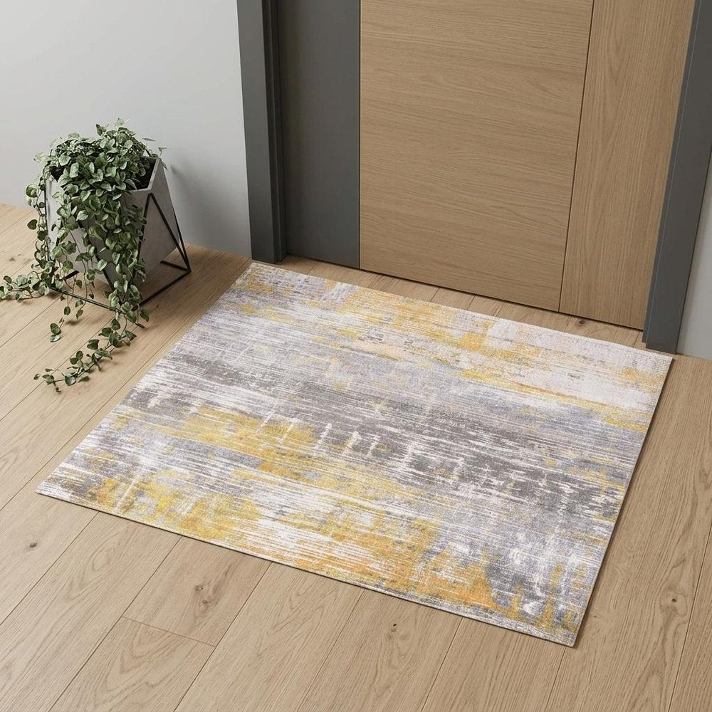 3' X 5' Gray and Yellow Abstract Non Skid Area Rug