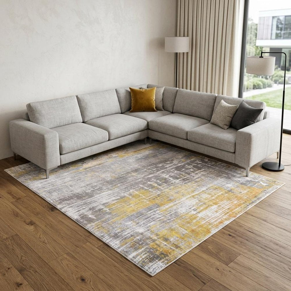 7' X 9' Gray and Yellow Abstract Non Skid Area Rug