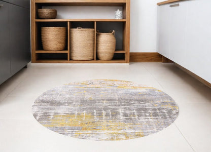 5' Gray and Yellow Round Abstract Non Skid Area Rug