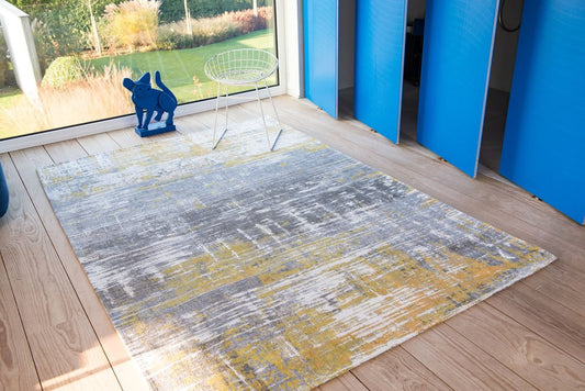 8' Gray and Yellow Round Abstract Non Skid Area Rug