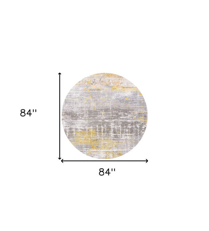8' Gray and Yellow Round Abstract Non Skid Area Rug
