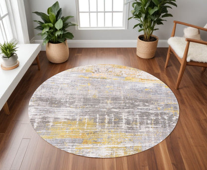 8' Gray and Yellow Round Abstract Non Skid Area Rug