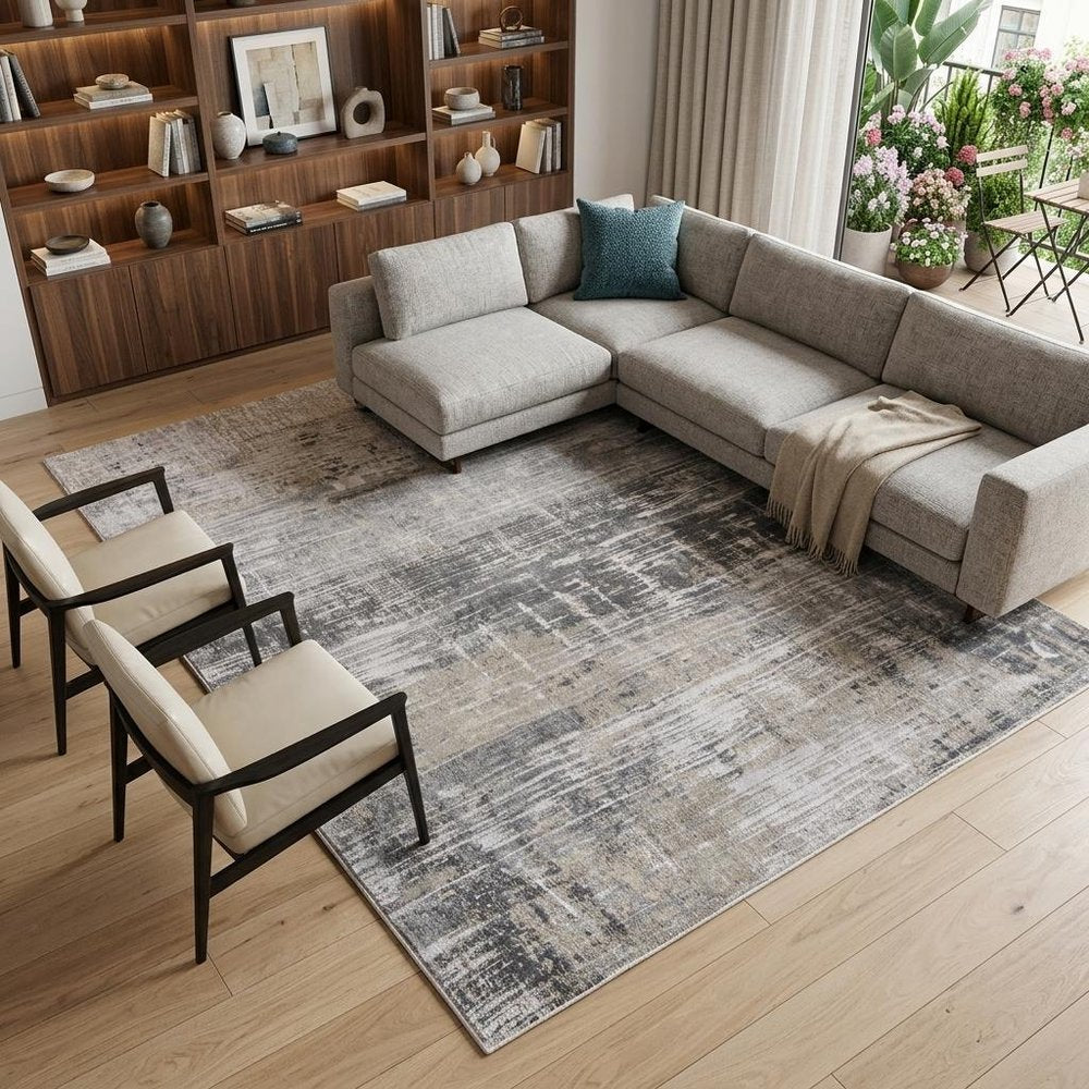 8' X 11' Gray and White Abstract Non Skid Area Rug