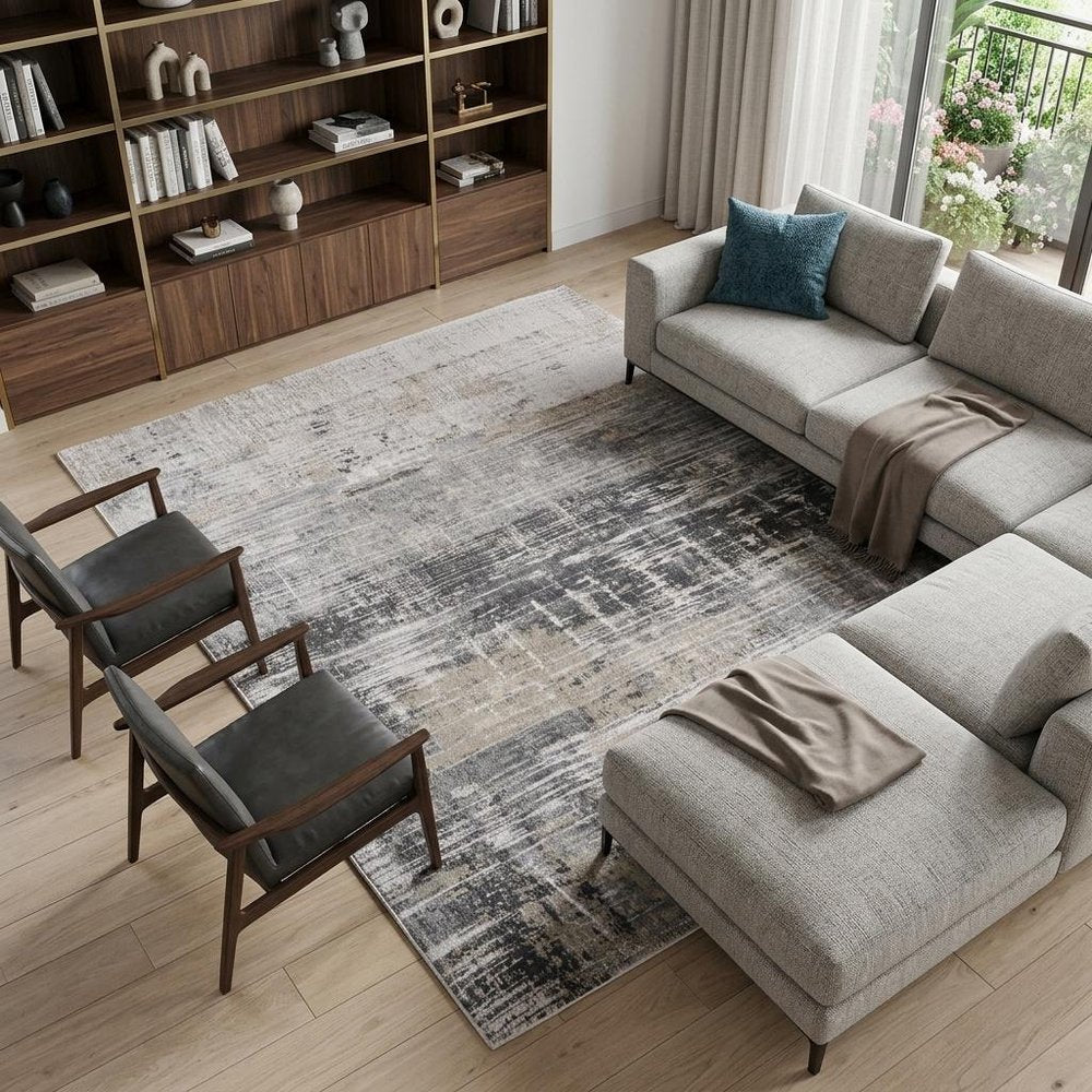 9' X 13' Gray and White Abstract Non Skid Area Rug