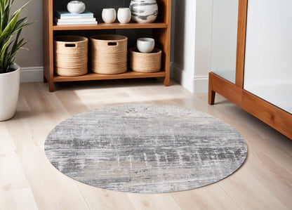 5' Gray and White Round Abstract Non Skid Area Rug
