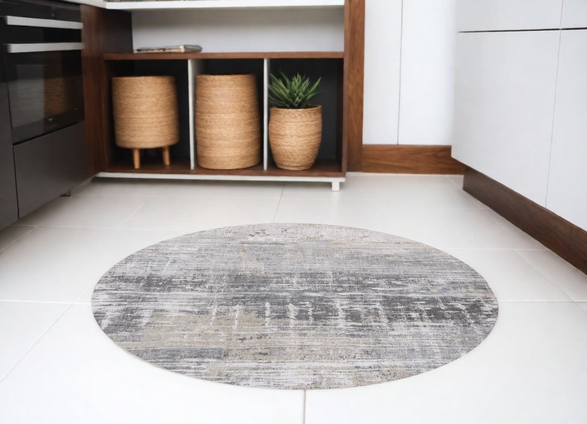 8' Gray and White Round Abstract Non Skid Area Rug